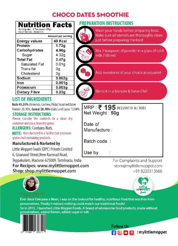 Choco-Dates Smoothie Mix - Instant Drink Mix Powder For Kids And Adults - Trial Pack (50g)