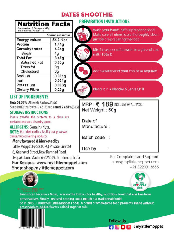 Dates Smoothie Mix - Instant Drink Mix Powder For Kids And Adults - [Trial Pack 50g]